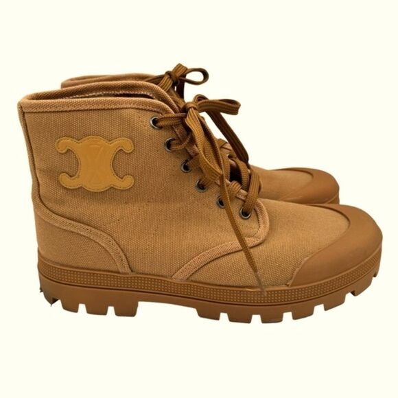 Celine Patapan Triomphe Tan Canvas Lace Up Short Boots Size 40 - Picture 1 of 14